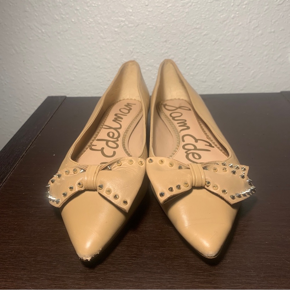 SAM EDELMAN Raisa nude leather bow studded pointy toe flats 8M